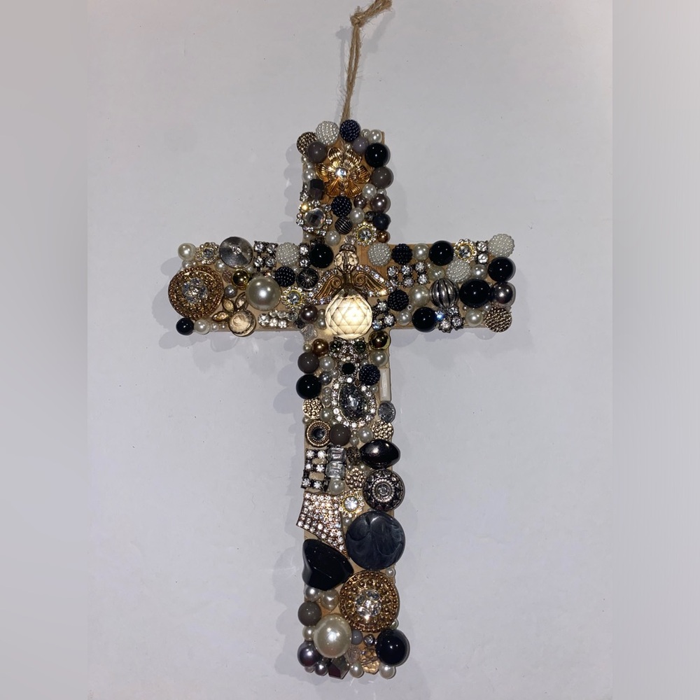 Artisanal Wood Cross w/ Repurposed Jewelry Deco of Different shapes & colors